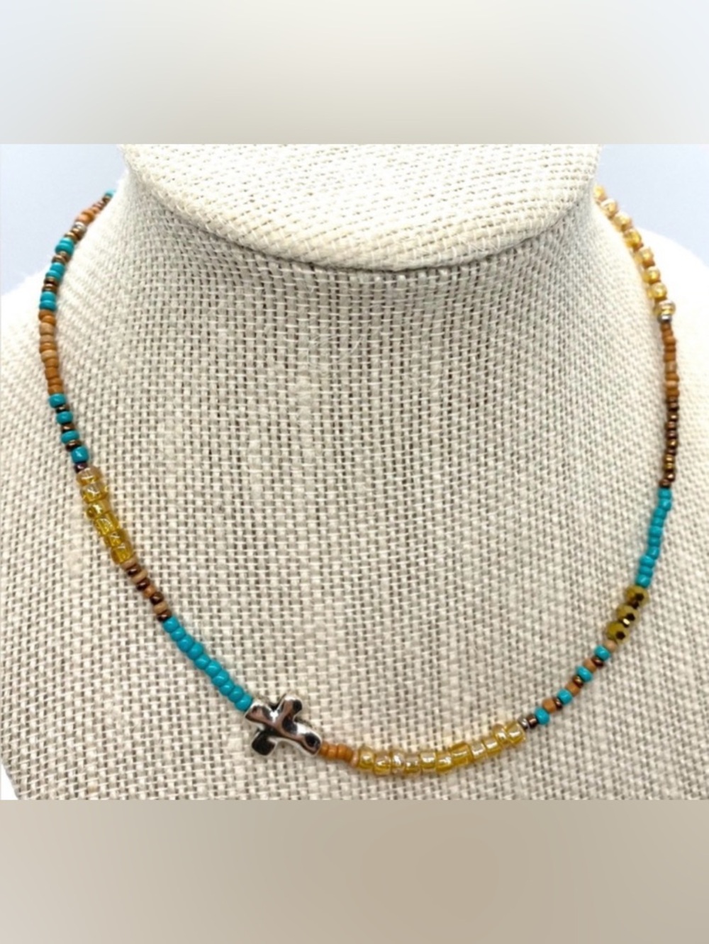 Blue Beaded Necklace Silver Cross Boho Y2K Fall Festival Southwestern Eclectic - Picture 2 of 8